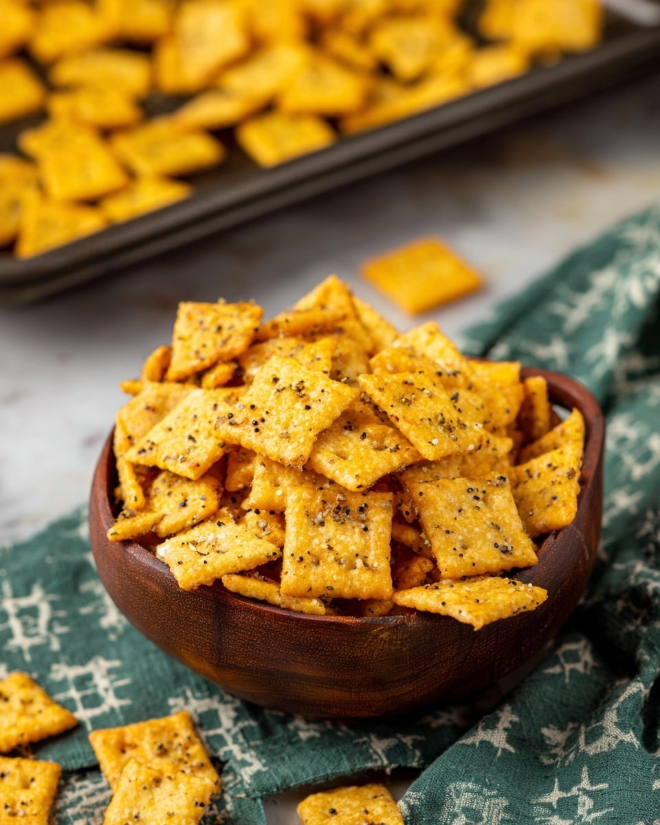 A wooden bowl filled with many small, square, yellow crackers with specks of black and white seasoning is in the center of the image. The bowl sits on a patterned green and white cloth, and some crackers are scattered around it. In the background, a dark metal baking tray is filled with more crackers, slightly out of focus. The surface beneath is white with a marbled texture. Photo taken with an iphone --ar 4:5 --v 7
