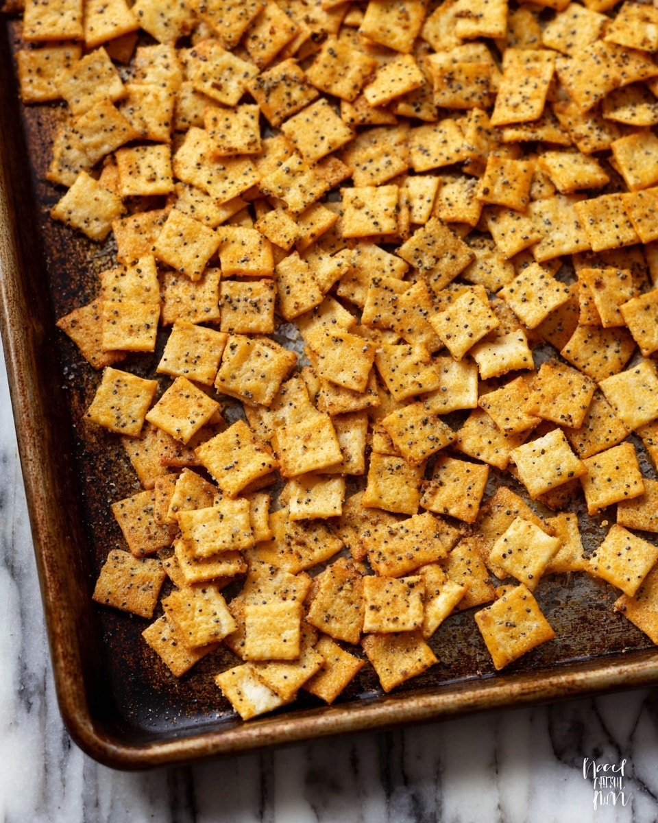 The image shows a metal baking tray filled with many small square crackers in one even layer. The crackers are light golden brown with small black and brown specks, giving them a textured look. Some crackers appear slightly darker in spots, showing a baked, crispy surface. The tray has a well-used, darkened metal surface that contrasts with the golden crackers. The background has a white marbled texture seen at the edges of the tray. photo taken with an iphone --ar 4:5 --v 7
