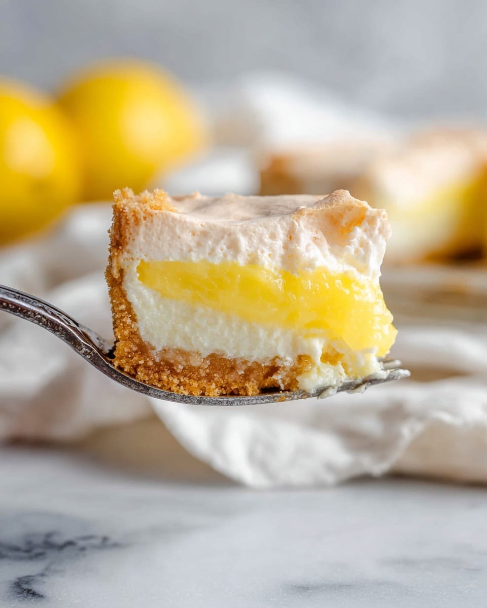 A close-up of a fork holding a piece of dessert with three layers: the top layer is a light, soft, and slightly browned cream layer; the middle layer is bright yellow with a smooth, glossy texture; the bottom layer is a golden brown crust with a crumbly look. In the background, there are yellow lemons slightly blurred, and the setting shows a white marbled surface with a white cloth draped loosely below. photo taken with an iphone --ar 4:5 --v 7