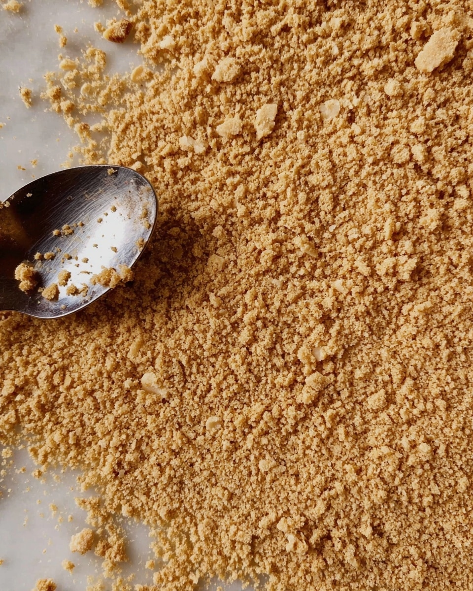 The image shows a close-up of a single layer of light brown, crumbly texture spread evenly, resembling finely crushed biscuits or crumbs. There is a metal spoon partially visible on the left side, with some crumbs stuck to it, resting on a white marbled surface that contrasts with the brown crumb layer. The crumbs vary in size, with some small chunks mixed in with smaller granules, covering the entire frame. Photo taken with an iphone --ar 4:5 --v 7