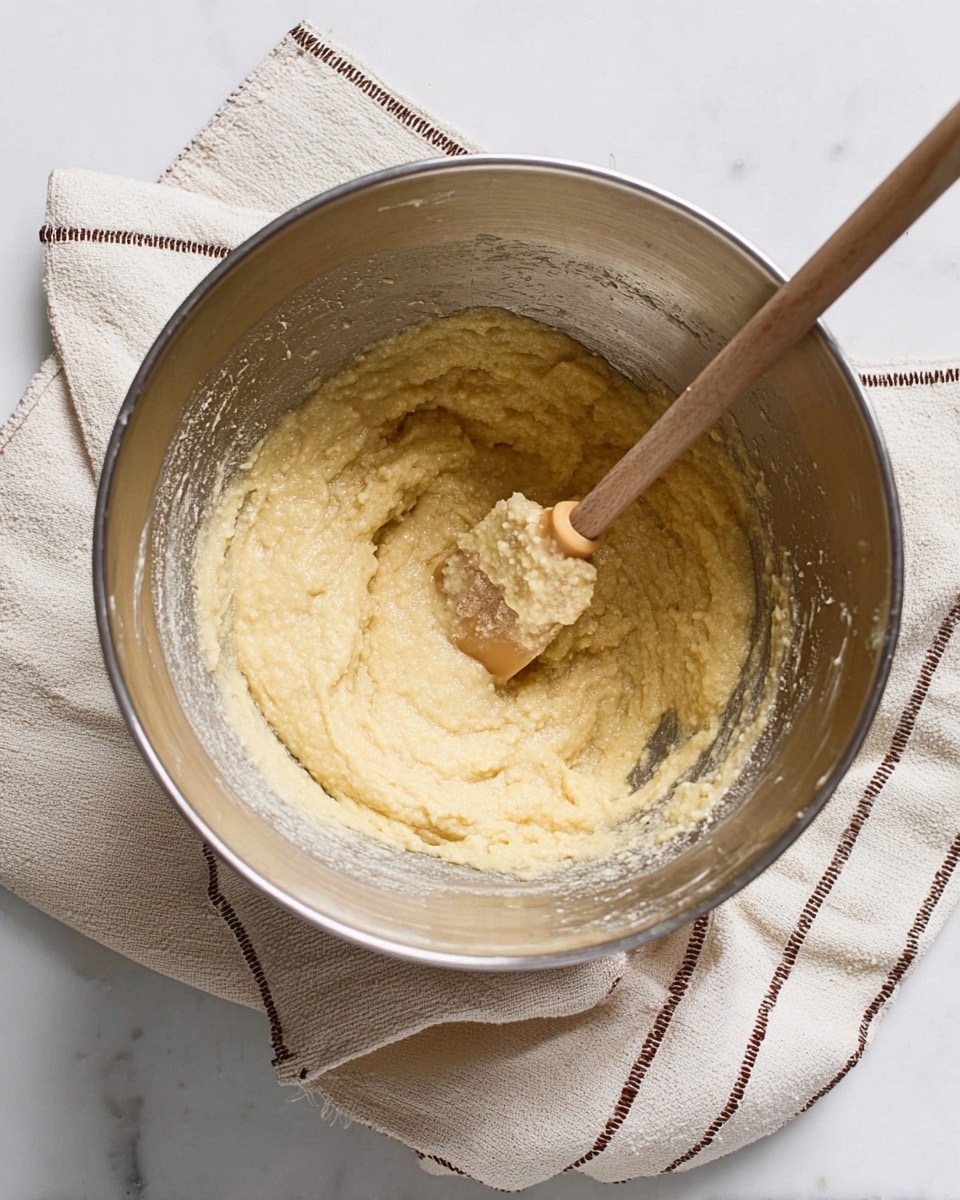 A large silver mixing bowl contains thick, pale yellow batter with a somewhat grainy texture. Inside the bowl, a wooden spoon with a tan silicone tip rests, partly covered in the same batter. The bowl sits on a cream-colored cloth with dark brown stitching around the edges, all placed on a white marbled surface. The scene is well-lit and simple, showing the batter preparation process. photo taken with an iphone --ar 4:5 --v 7