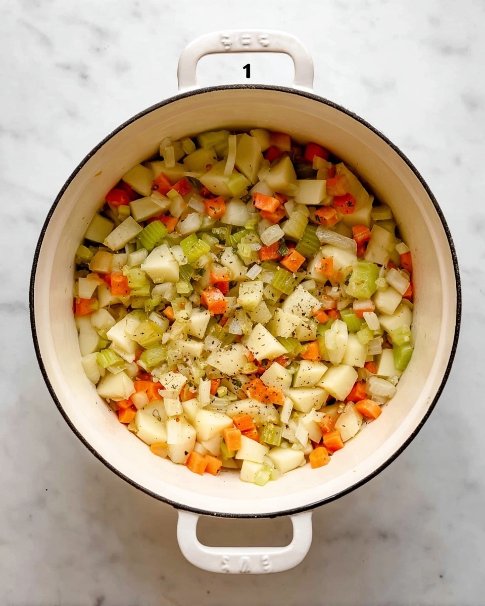 A white pot with two handles is filled with a mix of diced vegetables. The vegetable layers include small cubes of pale beige potatoes, light green chopped celery pieces, orange carrot bits, and small white onion chunks. The vegetables are lightly seasoned with small black pepper flakes and herbs, evenly spread throughout. The pot sits on a white marbled surface, and the photo is taken from above, showing the full pot and its contents clearly. photo taken with an iphone --ar 4:5 --v 7