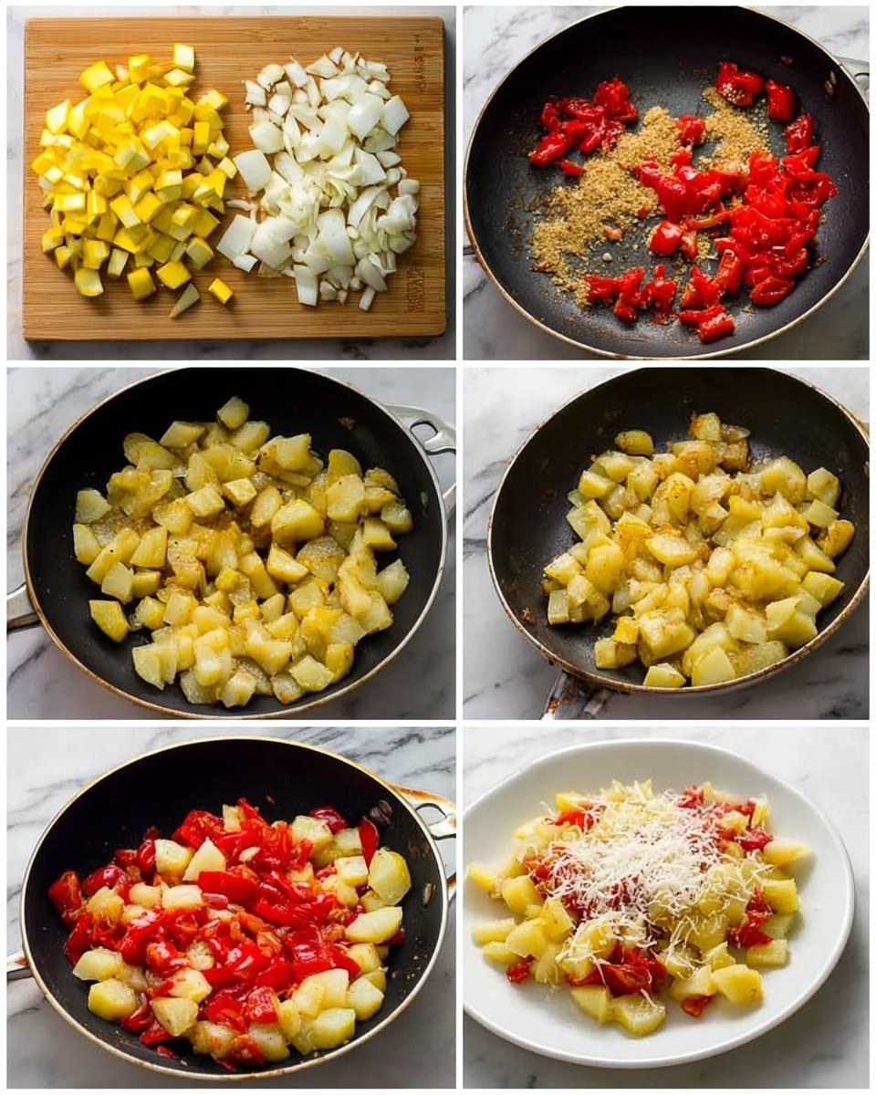 The image shows a step-by-step cooking process with six parts. The first part has chopped yellow squash, red tomato pieces, white onion chunks, and minced garlic all on a wooden cutting board. The second part shows the minced garlic and small onion pieces being fried in a pan with a few bits browned. The next two parts show yellow squash pieces in the pan; first raw, then turning golden brown as they cook. The fifth part shows the pan with cooked yellow squash mixed with red tomato pieces, sizzling together. The last part presents the cooked mixture on a white plate, sprinkled with shaved white cheese on top, all placed on a white marbled surface. photo taken with an iphone --ar 4:5 --v 7