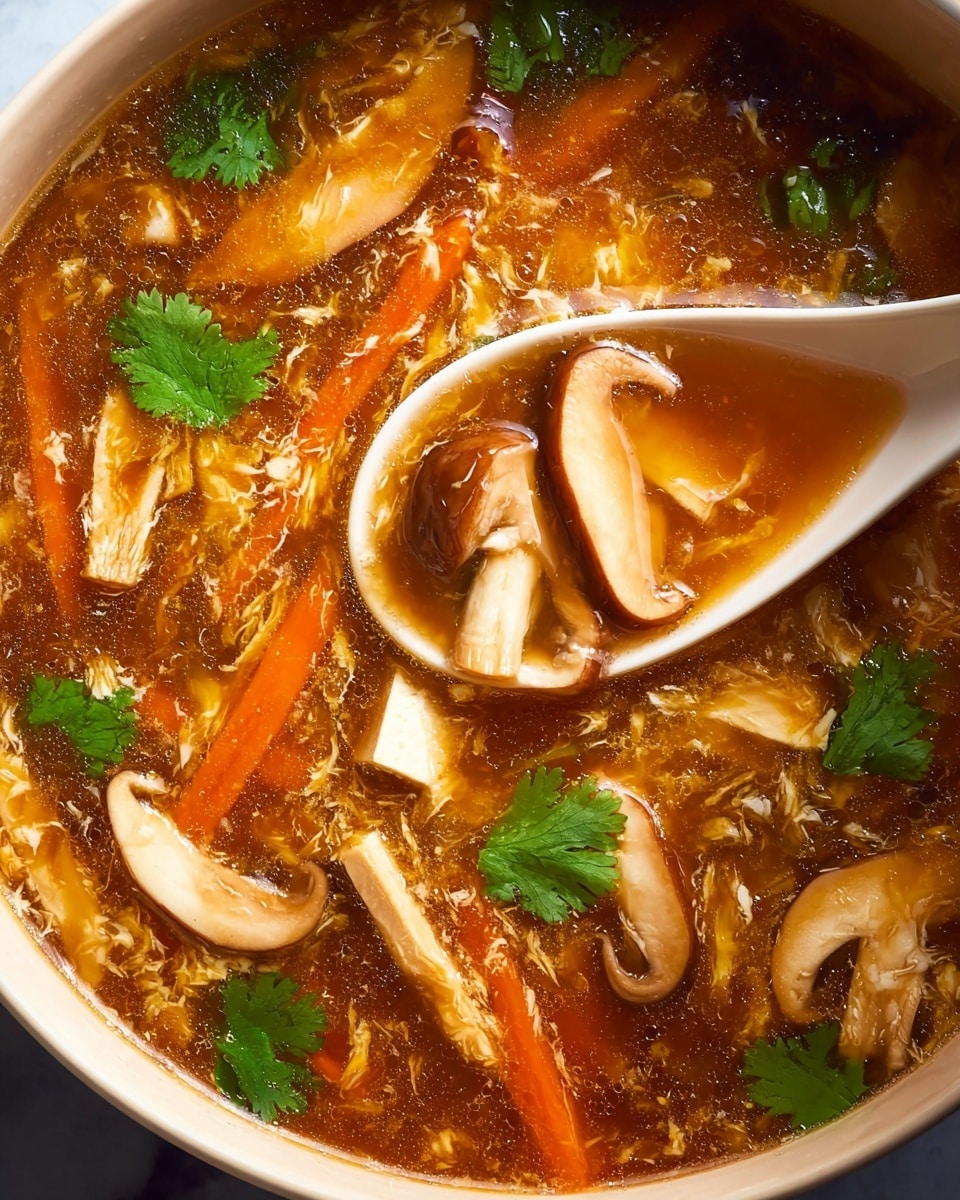 A close-up of hot and sour soup in a white bowl on a white marbled surface, showing a rich brown broth filled with large slices of light beige mushrooms, thin orange carrot strips, light beige tofu pieces, and shredded white egg strands. Bright green cilantro leaves are scattered on top, adding fresh color. A white spoon rests in the soup, holding some broth, mushroom slices, and cilantro leaves. The soup has a glossy and slightly thick texture with visible small bubbles, creating a warm and inviting look. Photo taken with an iphone --ar 4:5 --v 7