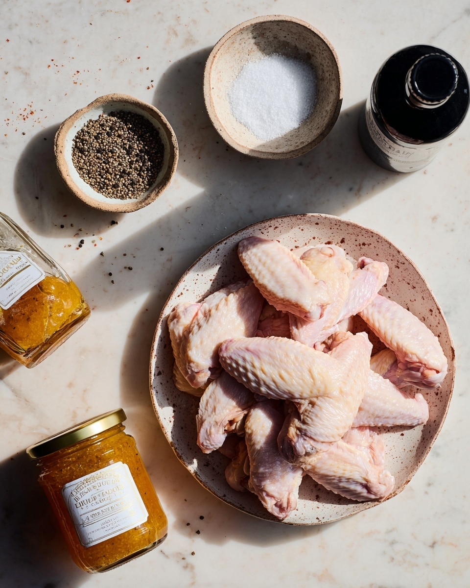 A plate filled with layers of raw chicken wings that are pale pink with smooth skin, resting on a white marbled surface. Above the plate, there is a small white dish filled with coarse white salt, next to it a rustic ceramic dish containing cracked black pepper. To the left, there is a jar of whole grain mustard with visible yellow and brown seeds, partially open, and a jar with golden-orange Seville orange marmalade with a white label and gold lid next to it. On the right side, a dark bottle with a black cap is placed. The scene is lit naturally, showing textures clearly, photo taken with an iphone --ar 4:5 --v 7