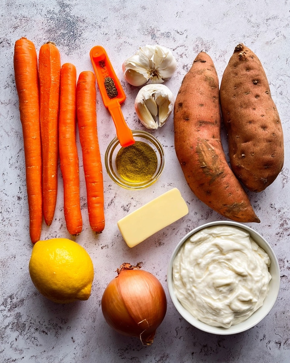 The image shows a group of fresh ingredients laid out on a white marbled texture surface. On the left side, there are seven bright orange carrots placed next to three large sweet potatoes with rough brownish skin. Below the carrots is a whole lemon with a vibrant yellow color. Moving right, there is an orange measuring spoon filled with a greenish-yellow spice, three cloves of garlic with white and light brown outer skin, a small glass of clear oil, a partially unwrapped block of yellow butter or margarine, a shiny brown onion with a small root end, and a white bowl filled with thick white yogurt or cream, showing swirled texture on top. The items are spaced neatly and clearly visible. photo taken with an iphone --ar 4:5 --v 7
