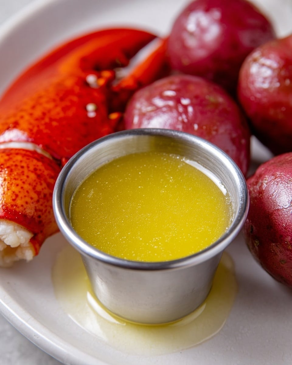 A close-up view of a small metal cup filled with bright yellow melted butter, placed at the center of a white plate with a white marbled texture. To the left of the cup, there is a bright red lobster claw with some shiny, wet texture, and to the right, a few shiny red potatoes with a smooth surface, slightly wet, arranged together. The liquid from the potatoes and lobster slightly pools around the base of the butter cup. Photo taken with an iphone --ar 4:5 --v 7