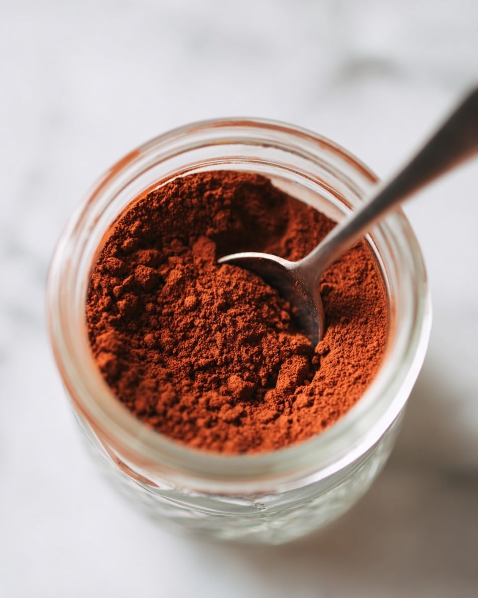 A close-up view of a clear glass jar filled with finely ground reddish-brown powder, with a metal spoon partially buried in the powder, resting inside the jar. The jar is placed on a white marbled surface with soft natural lighting, and the background is blurred with soft grey and white tones. The focus is on the texture of the dense powder and the rim of the jar, with a shallow depth of field emphasizing the rich color inside the jar. Photo taken with an iphone --ar 4:5 --v 7