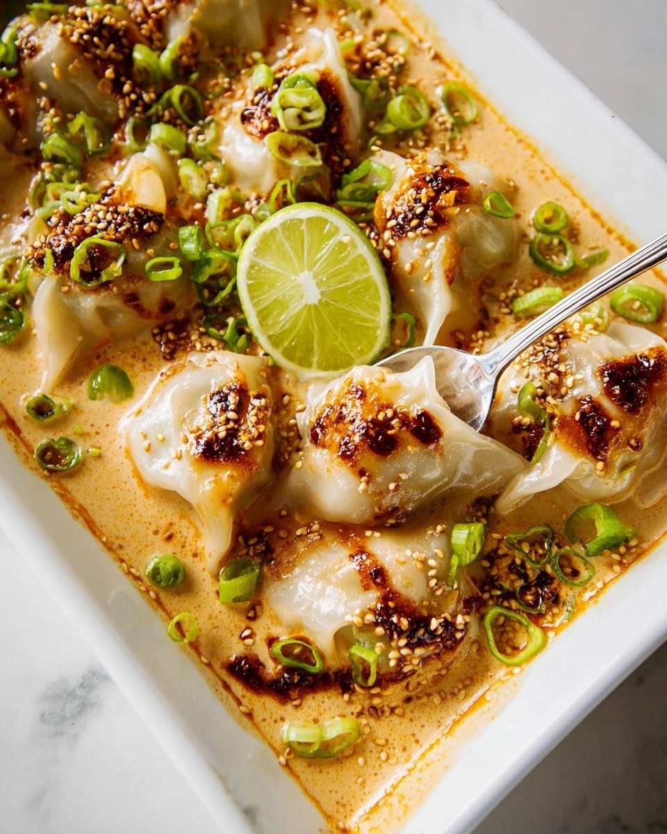 A white rectangular plate holds six dumplings arranged in two rows, partly dipped in a creamy light brown sauce. The dumplings have a pale skin with browned spots and bits of dark chili sauce on top. The sauce has a smooth texture with sliced green onions and white sesame seeds scattered across it. In the middle of the plate is a wedge of lime. A spoon is lifting one dumpling from the front left corner. The surface below the plate is white with a marbled texture. Photo taken with an iphone --ar 4:5 --v 7