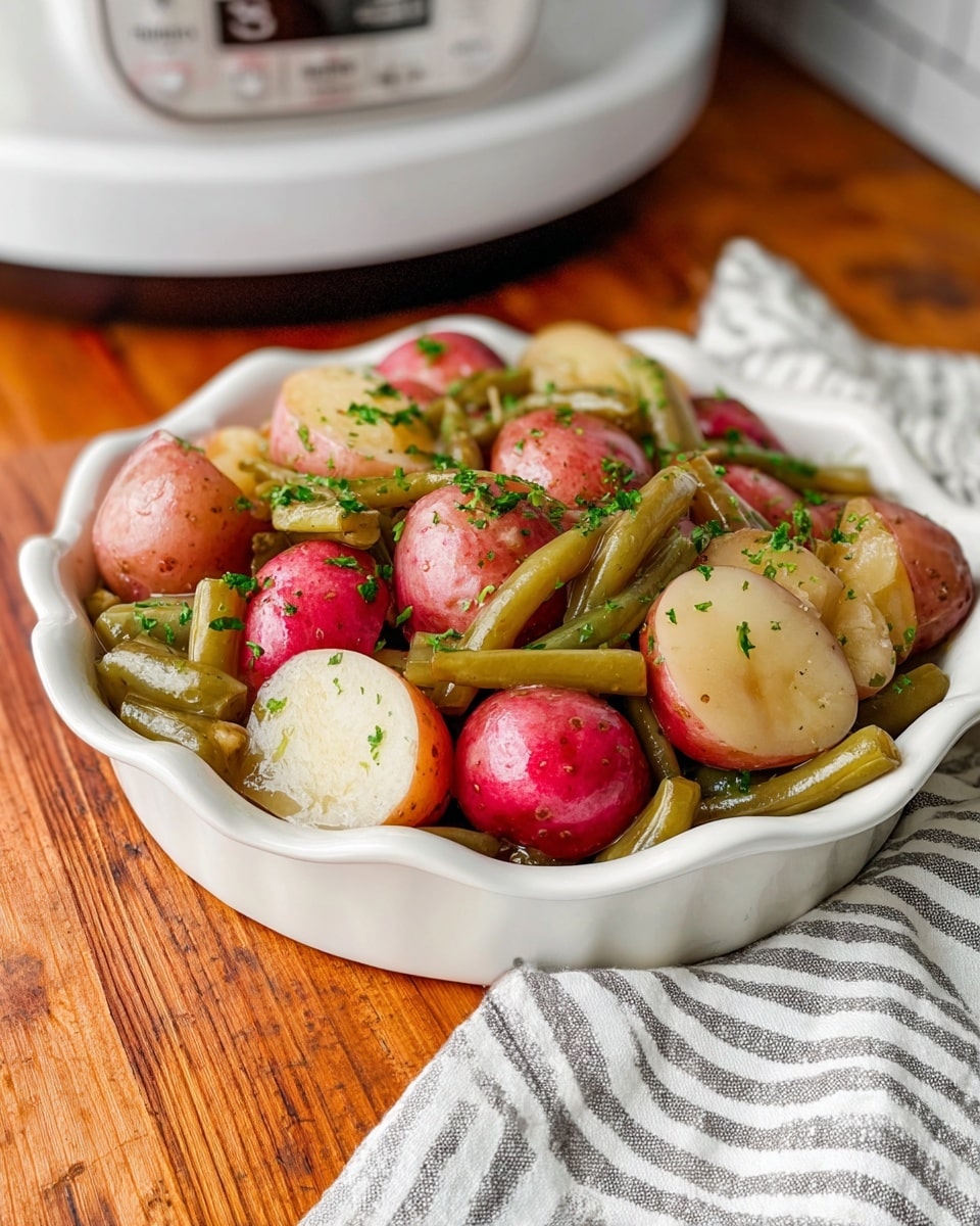 Inside a dark round pot, there are several layers of fresh green beans spread unevenly, mixed with halved red-skinned potatoes showing their light beige insides. On top of the vegetables, there are small, uneven cubes of light yellow butter scattered, all sprinkled with white and black powdered spices. The textures vary from smooth potato flesh to the rough spices dusting the surface. photo taken with an iphone --ar 4:5 --v 7