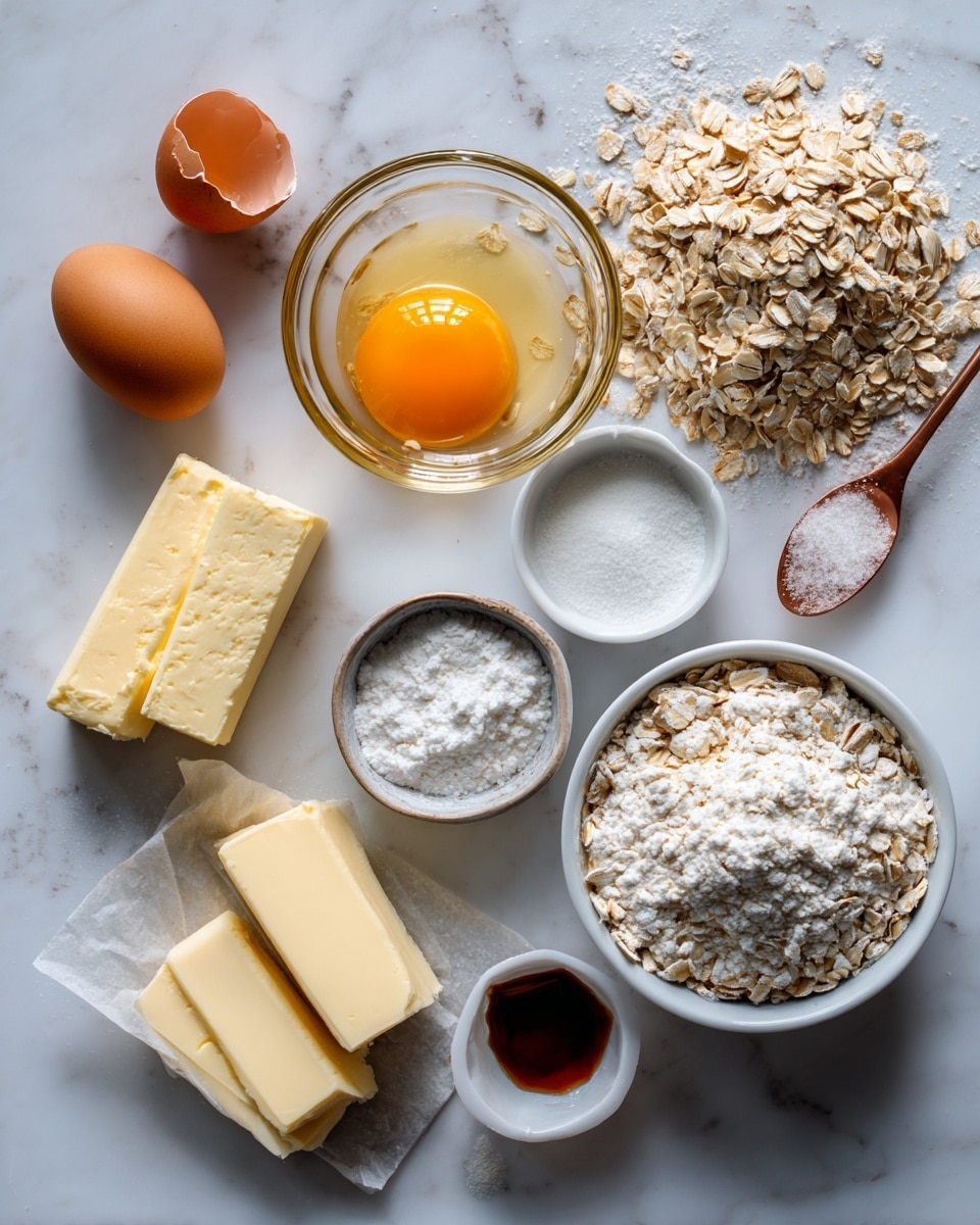 The image shows a white marbled surface with several baking ingredients arranged neatly. There are two halves of a bright orange cut open on the left side, next to two brown eggs, one with a shell broken and sitting beside a whole egg cracked into a clear glass bowl, showing a yellow yolk and clear egg white. Below the eggs, there are two solid light yellow butter sticks. To the right, there are three small white bowls: one with white flour, one with salt, and one with a small amount of dark vanilla extract with a copper spoon inside. Scattered around are light beige rolled oats, with an open bag of Bob’s Red Mill Organic Quick Cooking Rolled Oats resting on the right side. The whole setup lies on a clean white marbled texture. Photo taken with an iphone --ar 4:5 --v 7