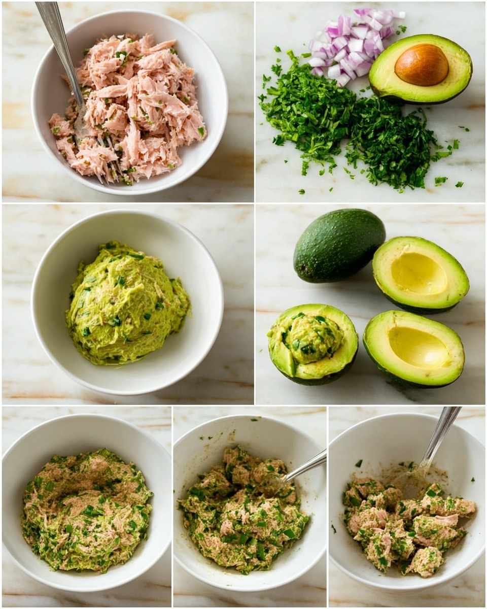 The image shows a step-by-step visual of making stuffed avocado with tuna salad. The first row has three images: shredded pink tuna in a white bowl with a fork, chopped green herbs and red onions on a white marbled surface, and two avocado halves with a green tool on the white marbled surface. The second row shows avocado flesh scooped into a white bowl, then mashed with a fork until smooth, and then mixed into a creamy green paste. The last row has the mixture combined with tuna and spices in a white bowl, then more herbs added to the tuna and avocado mix, and finally, the mix stuffed back into the two avocado halves on the white marbled surface. photo taken with an iphone --ar 4:5 --v 7