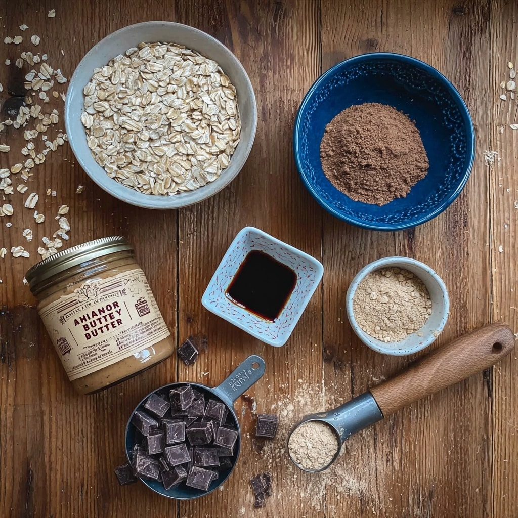 A top view shows a wooden table with six items spread out: a white bowl filled with light beige rolled oats at the top left, a blue bowl filled with a fine brown powder at the top right, a jar of salted crunchy almond butter with a beige label at the bottom left, a small square white dish with dark liquid in it in the center, a metal measuring cup with a wooden handle filled with small dark chocolate chunks at the bottom left, and a small white bowl filled with light brown powder at the bottom right. There are some scattered oat flakes around the items. photo taken with an iphone --ar 4:5 --v 7