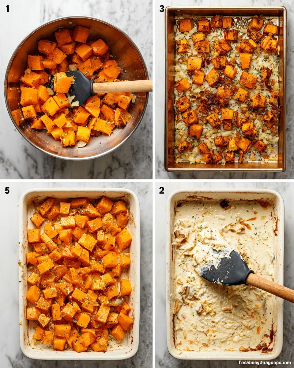 The series of images shows a step-by-step process of making a creamy casserole dish starting with cubed orange squash mixed with herbs in a shiny metal bowl with a black spatula with a wooden handle resting inside it. The next image shows roasted squash cubes on a white marble surface, golden orange with some charred edges. Following are two images of a white rectangular baking dish: the first filled with bright orange squash cubes and sliced onions submerged in a dark broth sprinkled with herbs, and the second showing the contents cooked, where the squash and onions appear softer and slightly browned. The fifth image shows the same dish mostly covered in a creamy white sauce with flecks of seasoning and bits of veggie visible underneath. The final image focuses on the thick creamy casserole, with visible chunks of squash and a black spatula with a wooden handle scooping out a portion, highlighting its rich, smooth texture mixed with the cooked ingredients. Photo taken with an iphone --ar 4:5 --v 7