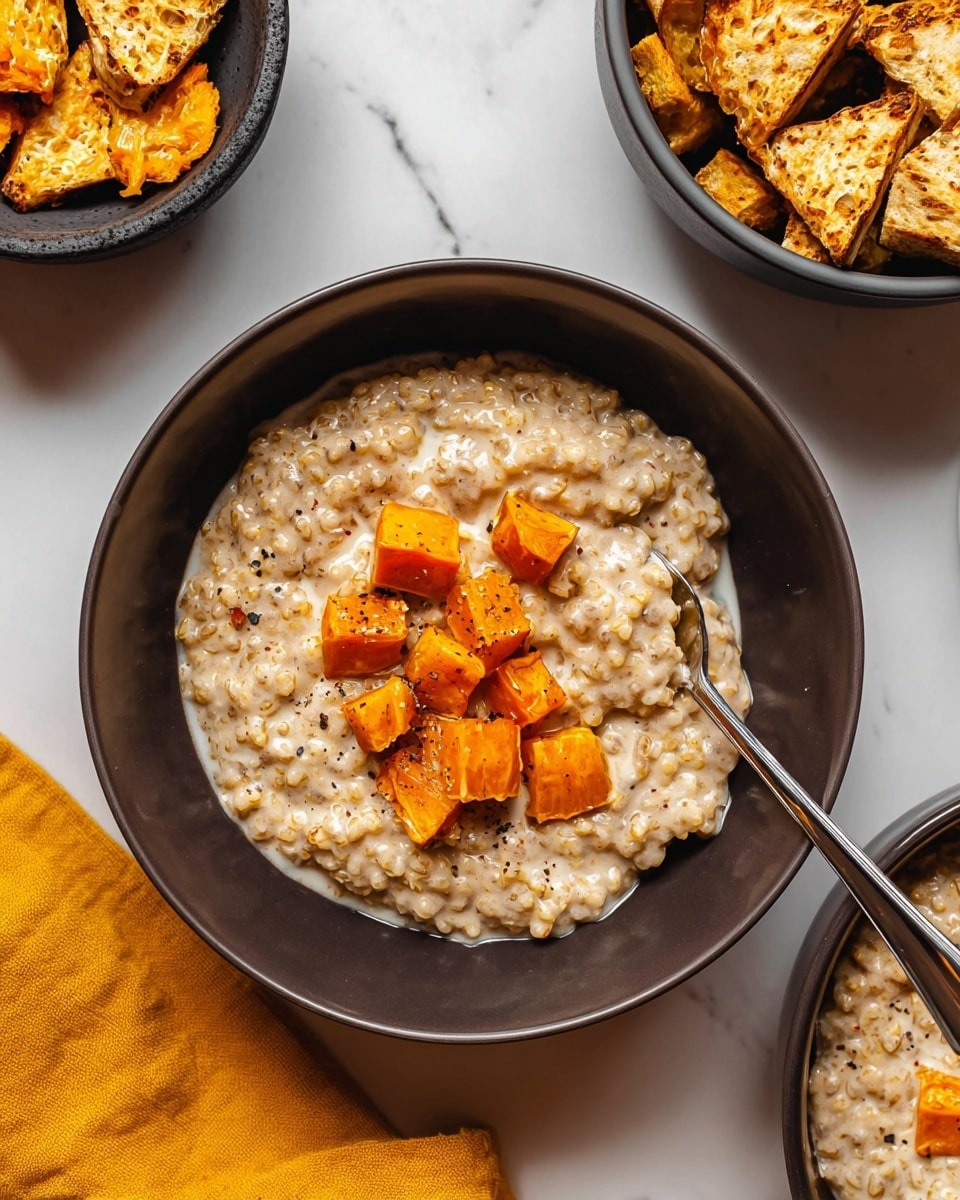 The image shows a dark bowl filled with a creamy textured dish made of grains mixed with a rich white sauce, topped with several small, bright orange roasted cubes scattered on top, some slightly browned for contrast. A silver spoon rests on the right edge of the bowl, dipping into the grains, and the bowl sits on a white marbled surface. Part of another bowl with the same dish is visible in the top right corner, and a third dark bowl with golden brown triangular pieces in it is visible in the top left corner. A little yellow cloth is seen at the bottom right corner near the bowls. Photo taken with an iphone --ar 4:5 --v 7