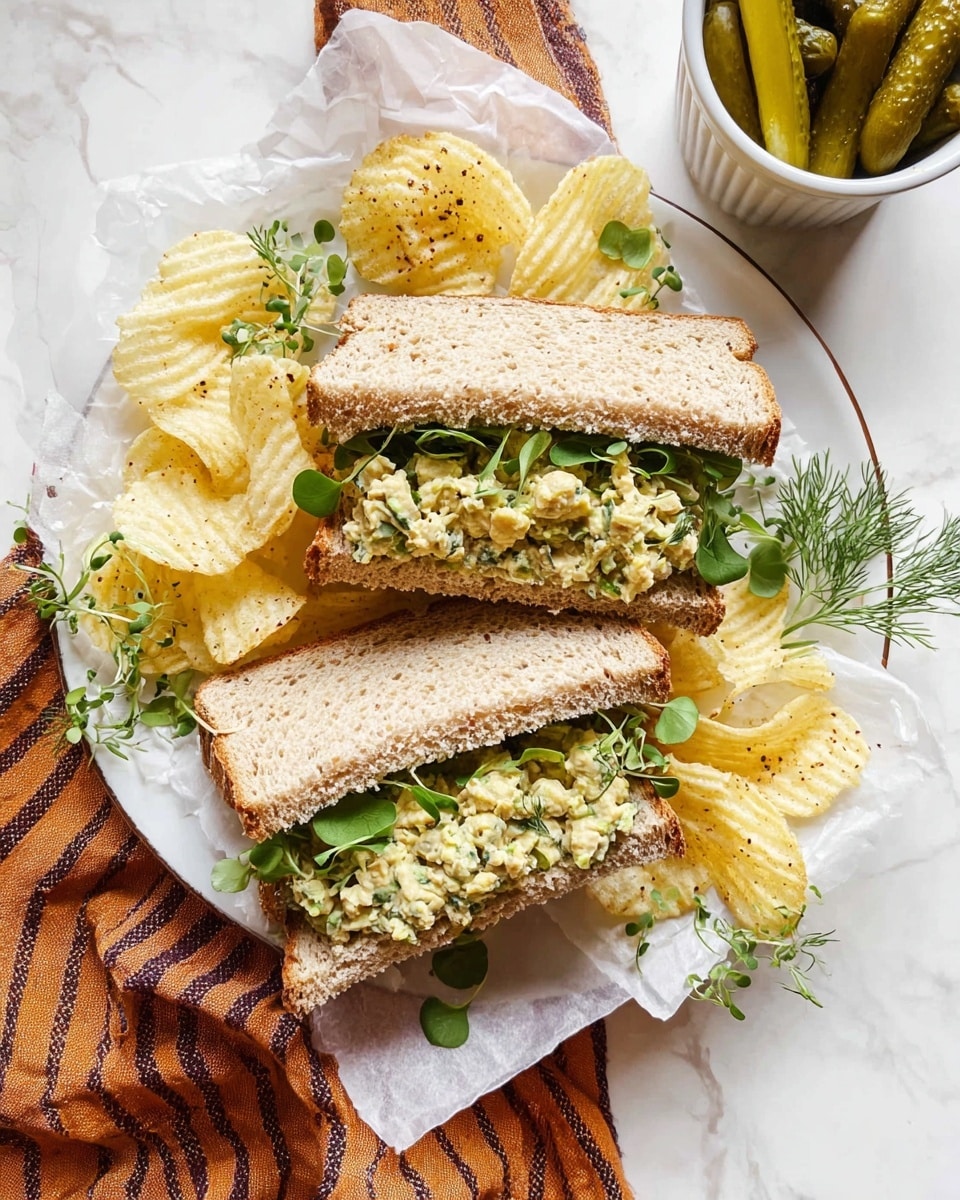A white plate on a white marbled surface holds two sandwich halves made with light brown whole grain bread, each filled with a creamy, greenish chickpea salad mixed with herbs and topped with small leafy greens. Around the sandwiches, wavy, pale yellow potato chips are scattered, some seasoned with black pepper. A small white cup filled with several green pickles sits above the sandwiches. Fresh green dill sprigs and microgreens are placed around the plate for decoration, with a crinkled white paper underneath and a warm orange cloth with dark stripes partially framing the plate. Photo taken with an iphone --ar 4:5 --v 7
