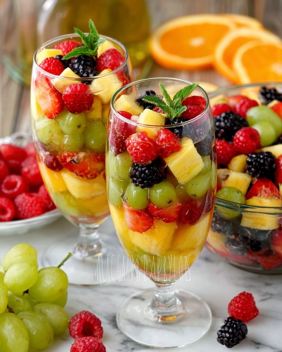 The image shows two tall clear glasses filled with colorful fruit salad above a white marbled surface. Each glass has about three layers: the bottom layer is bright yellow chunks, the middle layer is green fruit pieces mixed with some blackberries, and the top layer is a mix of red raspberries, blackberries, and small yellow fruit pieces, garnished with a small green leaf. Behind and to the right of the glasses, there is a clear bowl also filled with mixed fruit including green grapes, red raspberries, blackberries, and pineapple chunks. The background features some orange slices and a blurred mix of fruits on a white marbled surface. photo taken with an iphone --ar 4:5 --v 7