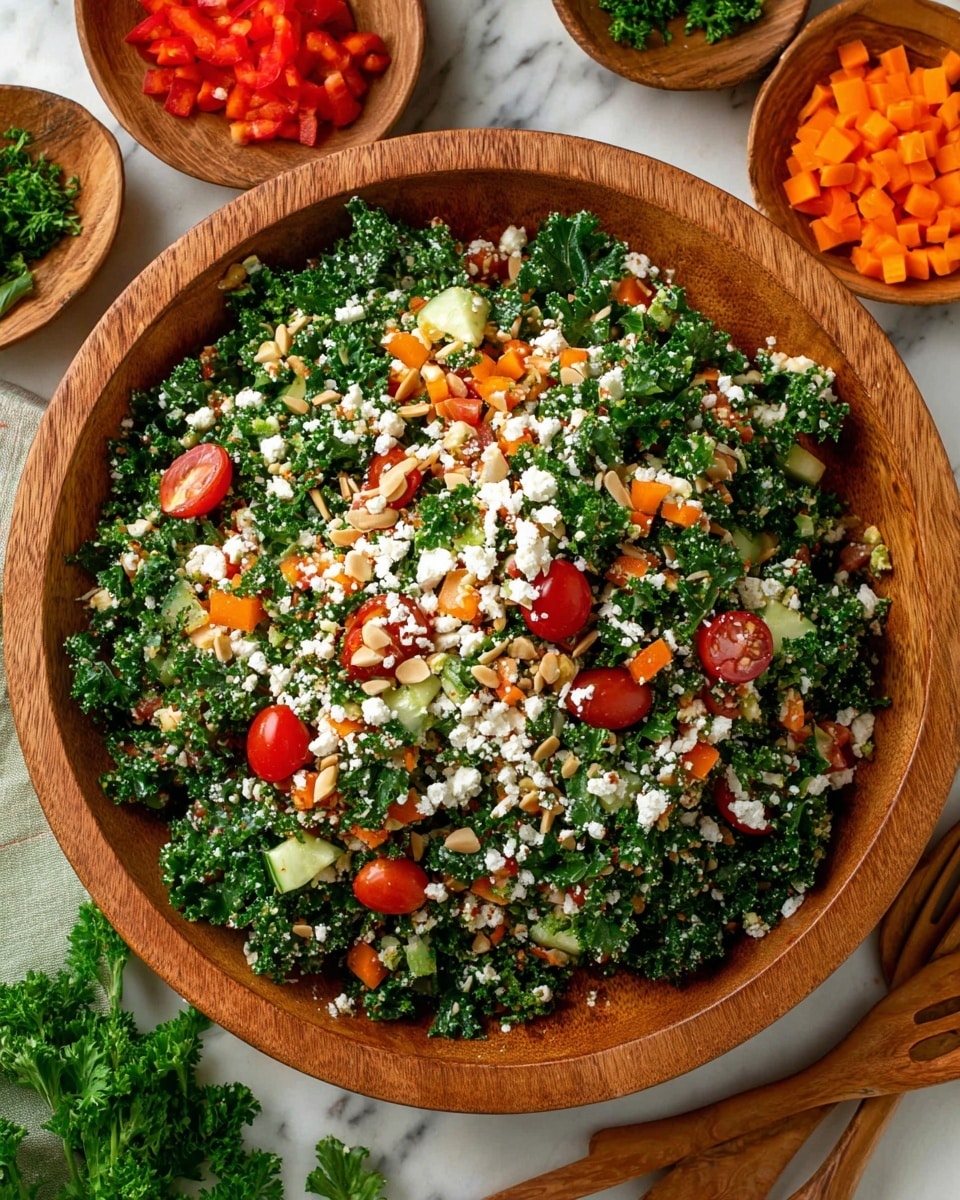 A wooden bowl filled with a colorful salad sits on a white marbled surface, showing layers of dark green kale leaves, small pieces of light orange bell pepper, finely chopped light green cucumber, bright red halved cherry tomatoes scattered on top, and white crumbled cheese sprinkled all over. Small grains of light beige quinoa and slivered almonds add texture throughout the salad. Around the bowl, there are small wooden bowls with diced orange bell peppers and chopped red tomatoes, along with fresh green parsley bundles. Two wooden forks are placed near the bowl. photo taken with an iphone --ar 4:5 --v 7