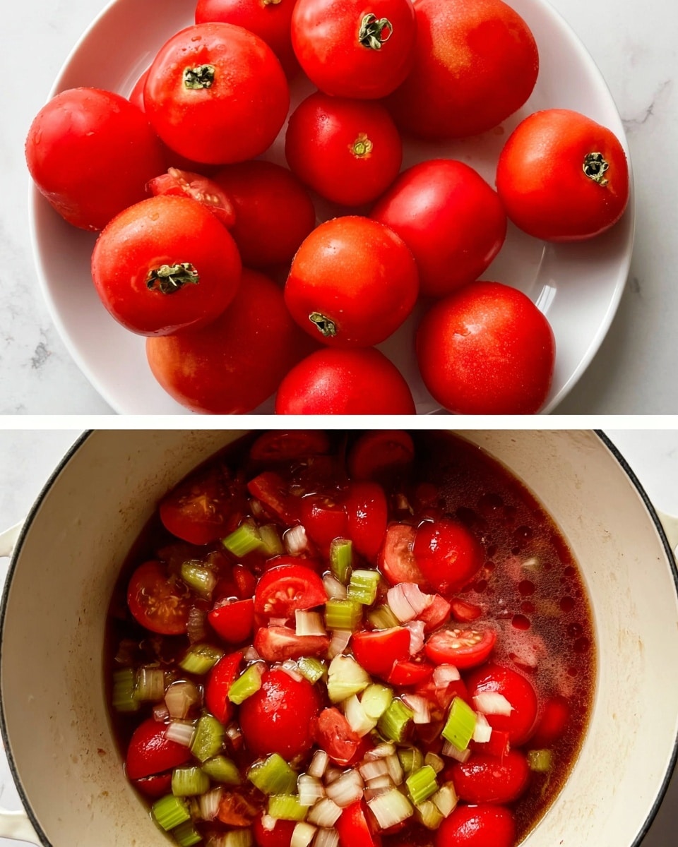The upper part of the image shows a white plate filled with a pile of whole peeled bright red tomatoes with small green stems visible on some of them, placed on a white marbled surface. The lower part shows a white pot filled with a chunky mix of roughly chopped red tomatoes, light green celery pieces, and small onion bits immersed in a dark reddish liquid, all resting on the same white marbled surface. photo taken with an iphone --ar 4:5 --v 7