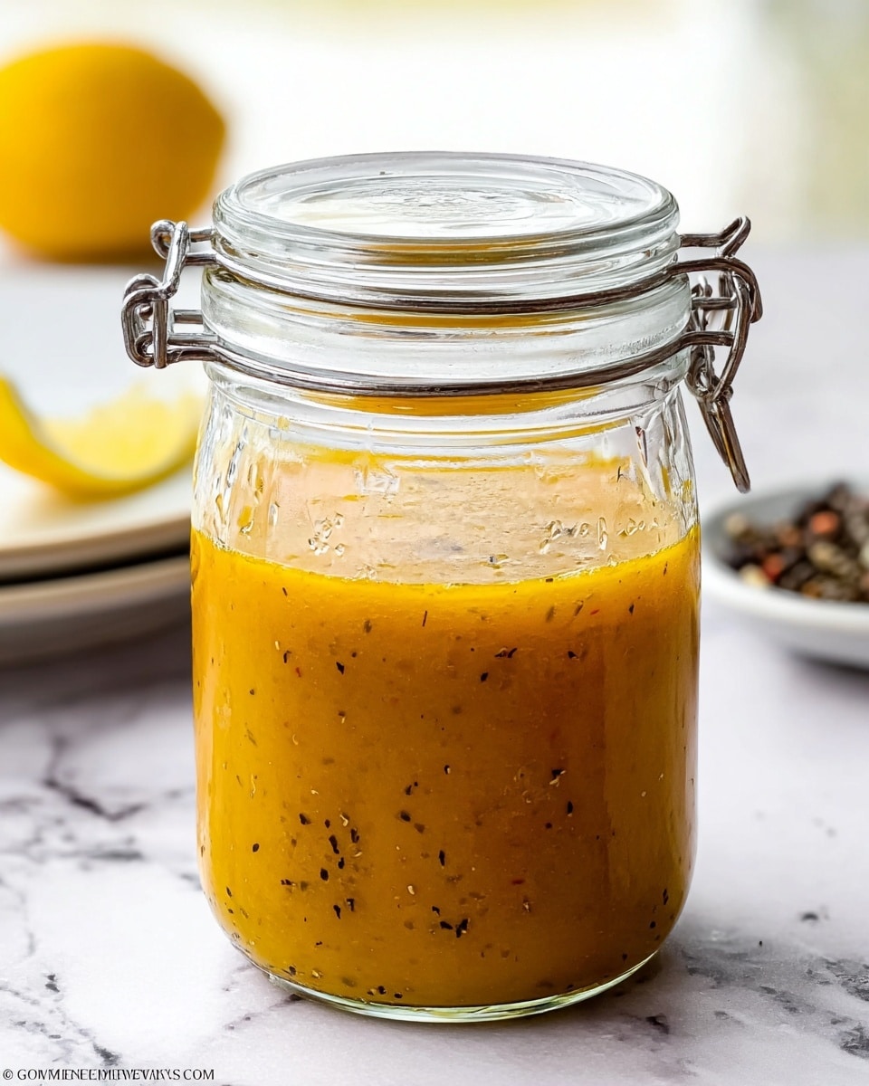 The image shows a transparent glass jar with a metal clasp lid, filled halfway with a thick, orange-yellow sauce that has small dark specks floating inside. The sauce looks smooth with some herbs or seeds visible in it. The jar is placed on a white marbled surface with a sliced yellow lemon in the blurred background and part of a white plate with black pepper beside it. The scene is bright with natural light coming from the back, highlighting the texture and color of the sauce. Photo taken with an iphone --ar 4:5 --v 7