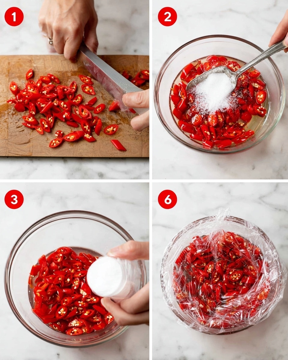 The image shows four steps of making pickled red chili slices. In the first step, a wooden board holds many small, bright red chili slices with a pair of hands slicing more chilies with a large silver knife. The second step shows a clear glass bowl on a white marbled surface filled halfway with chili slices and clear liquid being poured over them. In the third step, a woman's hand is adding white granulated sugar into the bowl filled with red chili slices and liquid on the white marbled surface. The fourth step shows the bowl fully covered with clear plastic wrap, filled with red chili slices floating in the liquid on the white marbled surface. Photo taken with an iphone --ar 4:5 --v 7