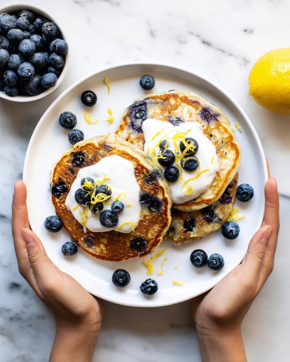 A white plate holds three golden-brown blueberry pancakes, each with scattered dark blueberries visible on the surface, showing patches of lighter and darker browning that adds texture. Around the pancakes on the plate, fresh blueberries are placed, some in small clusters and some alone. To the right of this plate, a smaller white plate holds a neat stack of three more blueberry pancakes with similar golden coloring and dark spots where the blueberries are. Above these plates, a small white bowl is filled with fresh blueberries, and next to it is a bright yellow lemon. The whole scene sits on a white marbled surface. photo taken with an iphone --ar 4:5 --v 7