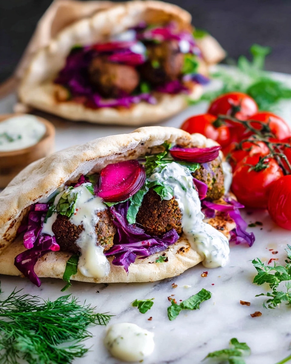 The image shows two pita sandwiches on a white marbled surface. The closest sandwich has a pita bread folded over falafel balls that are brown and crispy, with dark purple pickled slices and fresh green leafy herbs inside. Creamy white sauce is drizzled on top of the falafel and inside the pita. In the background, the second sandwich has similar ingredients with visible purple cabbage and pickled slices. To the right, there is a small bunch of roasted bright red cherry tomatoes still on the vine. Fresh green dill and parsley sprigs are scattered around the scene, along with some extra dollops of the creamy white sauce. The colors are bright and the textures clear. photo taken with an iphone --ar 4:5 --v 7