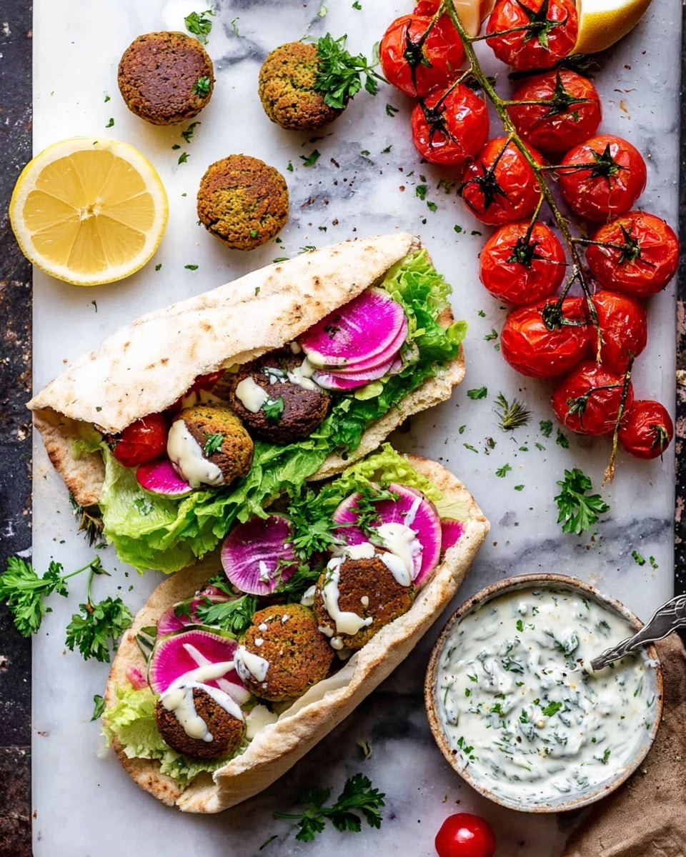 Two pita sandwiches lie open on a white marbled surface, each filled with green leafy lettuce as the bottom layer, topped with small round brown falafel pieces with a crispy texture, and thin slices of purple and pink radish scattered throughout. A light beige sauce is drizzled over the falafel and vegetables on both sandwiches. Around the pitas, more falafel pieces are spread out, some with sauce on top. To the right, there is a cluster of bright red roasted cherry tomatoes still on their green vine. Above the tomatoes, a halved lemon with a vibrant yellow color adds brightness. A small bowl filled with white sauce speckled with green herbs and garnished with parsley is placed near the tomatoes. A spoon covered with some white sauce and small green herb leaves rests on the bottom left side of the image. Photo taken with an iphone --ar 4:5 --v 7