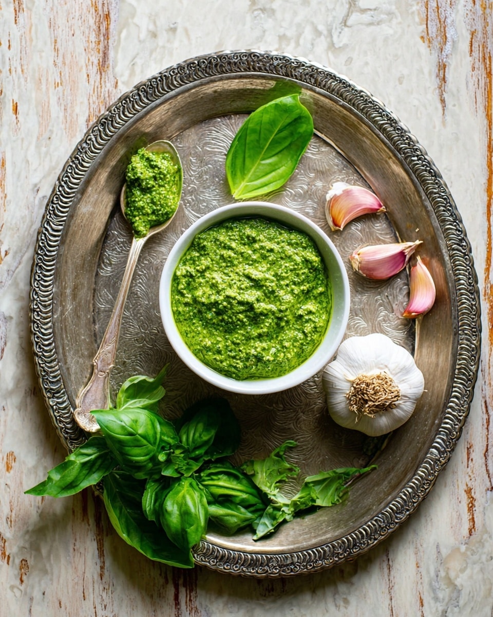 A large silver tray holds a white bowl filled with bright green pesto sauce that has a thick, slightly chunky texture. Above the bowl, a single fresh green basil leaf lies next to a silver spoon resting with some pesto on it. To the right, a white garlic bulb sits surrounded by scattered garlic cloves and their pinkish peels. Near the bottom of the tray, more dark and vibrant green basil leaves are placed. The tray is set on a wooden table, but the whole scene has a white marbled texture background. Photo taken with an iphone --ar 4:5 --v 7