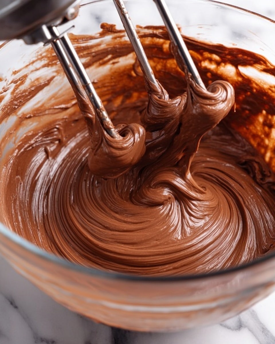 A close-up image shows a glass bowl filled with smooth, thick chocolate batter being mixed by two metal beaters attached to an electric mixer. The batter is rich brown in color with a glossy texture, swirling smoothly around the beaters in thick waves. The sides of the bowl have some batter clinging in uneven streaks, emphasizing the motion and texture of the mixture. The background is a white marbled surface. photo taken with an iphone --ar 4:5 --v 7
