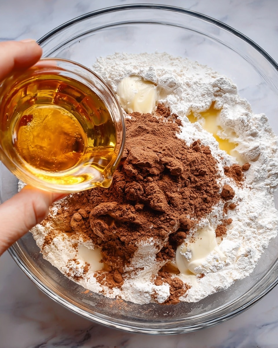 A large clear glass bowl sits on a white marbled surface, filled with several layers of ingredients for baking. The bottom layer is a large mound of white flour, unevenly spread. On top of the flour, there is a generous layer of brown cocoa powder with some slightly darker and lighter spots showing texture. There are small dollops of a pale creamy liquid on the cocoa powder, and some softened butter can be seen partly covered by the flour. In the foreground, a woman's hand holds a small clear glass bowl filled with golden amber syrup, tilted as if about to pour it into the bigger bowl. Photo taken with an iphone --ar 4:5 --v 7