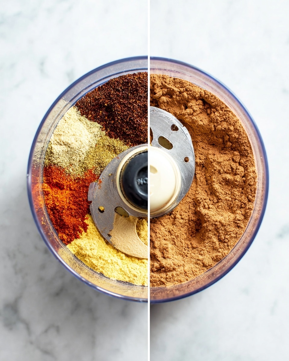 The image shows a side-by-side view of a clear food processor bowl on a white marbled surface. On the left side, there are several dry spices inside the bowl, separated in sections around the blade: dark brown, yellow, orange-red, and beige powders creating a colorful mix. On the right side, the spices have been blended into a uniform brown powder, evenly spread in the bowl around the central blade. The bowl is clear, and the metal blade inside is visible in both images, which are taken from above. photo taken with an iphone --ar 4:5 --v 7