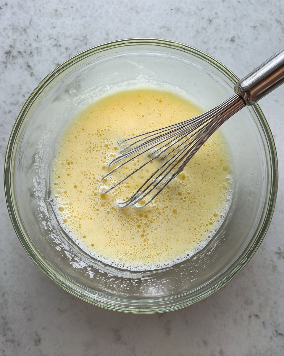 A clear glass bowl sits on a white marbled surface, filled with a pale yellow, frothy liquid mixture with small bubbles on the surface. Inside the bowl, a shiny metal whisk lies partially submerged in the mixture, with the handle pointing to the upper right side. The bowl edges show some remnants of the liquid, indicating recent stirring. photo taken with an iphone --ar 4:5 --v 7
