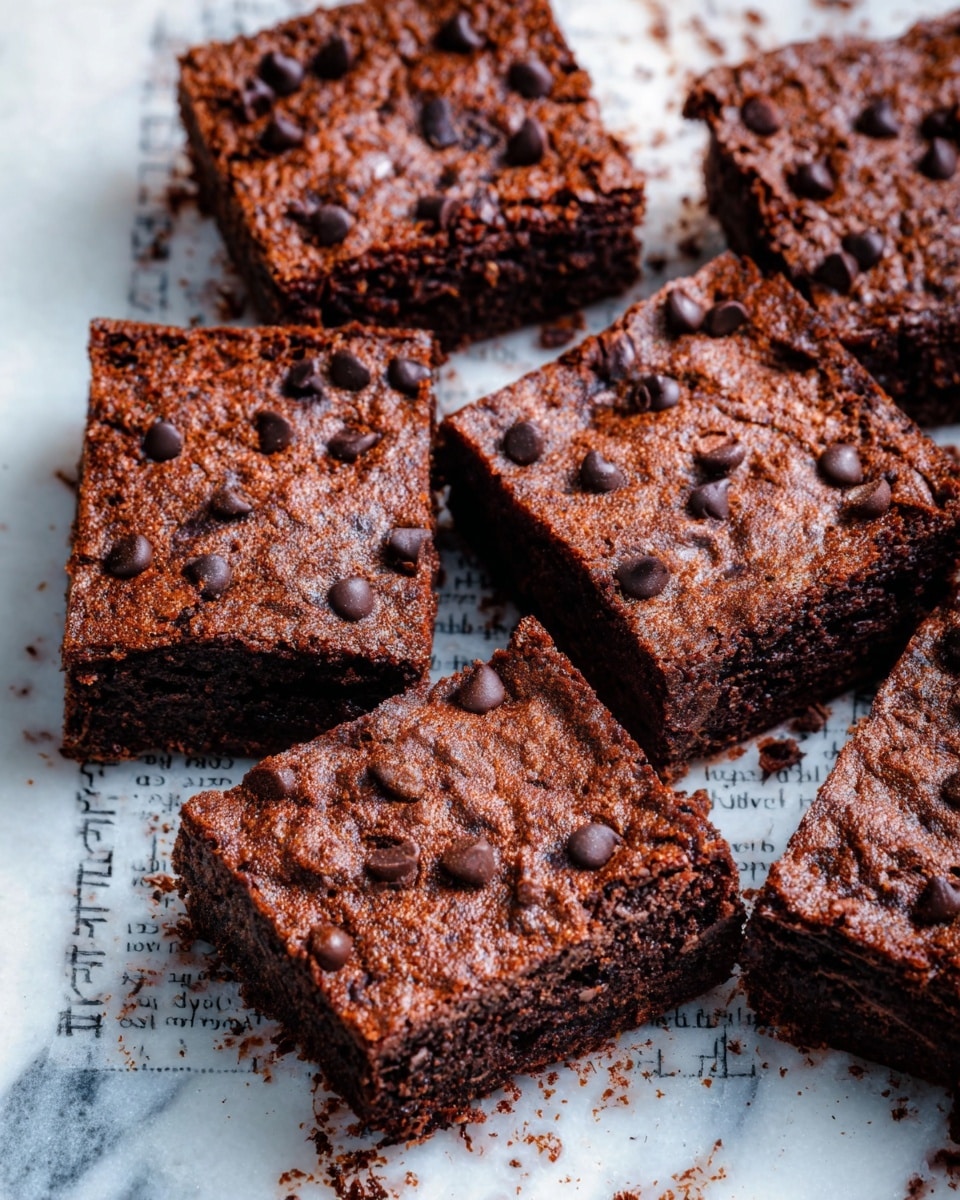The image shows seven square chocolate brownies arranged closely on a white marbled surface with some text faintly visible underneath. Each brownie has a rough, rich dark brown top layer sprinkled with shiny, small chocolate chips scattered unevenly. The brownies have a dense texture with slight crumbs at the edges, and they are grouped so that a few edges touch each other while a couple lie slightly apart. The white marbled surface underneath has a soft reflection, highlighting the deep chocolate tones of the brownies. photo taken with an iphone --ar 4:5 --v 7