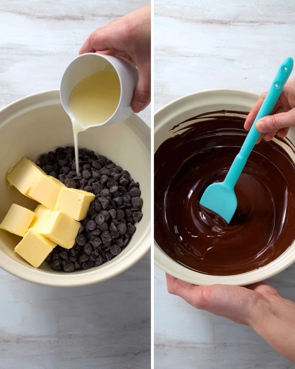The image shows two side-by-side shots of a white bowl on a white marbled surface. In the left shot, the bowl contains dark chocolate chips at the bottom with several blocks of pale yellow butter on top, while a woman's hand is pouring a light-colored liquid from a small white bowl and holding a turquoise spatula. In the right shot, the bowl contains a smooth, dark brown melted chocolate mixture with a glossy texture being stirred by a woman's hand holding the same turquoise spatula, while the other woman's hand steadies the bowl. Photo taken with an iphone --ar 4:5 --v 7