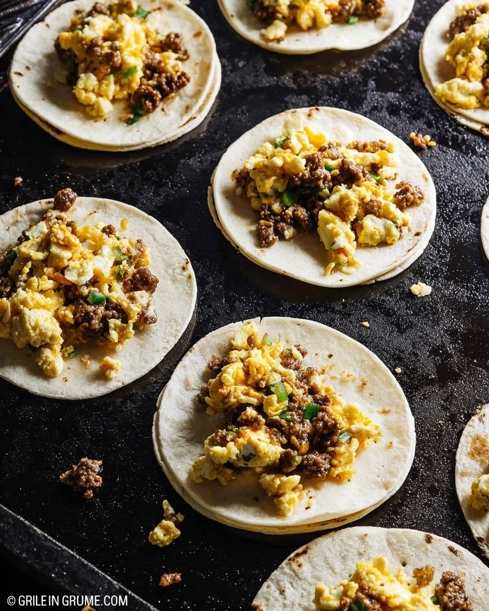 Several small white soft tortillas are laid out flat on a dark grill surface. Each tortilla holds a filling made of scrambled eggs and browned ground meat mixed with bits of green pepper. The eggs are light yellow with some browned edges, and the meat is dark brown. The fillings are placed roughly in the middle of each tortilla, with a mix of textures from soft eggs and crumbly meat. The grill surface has scattered small pieces of filling around the tortillas, and the background is a white marbled texture. Photo taken with an iphone --ar 4:5 --v 7