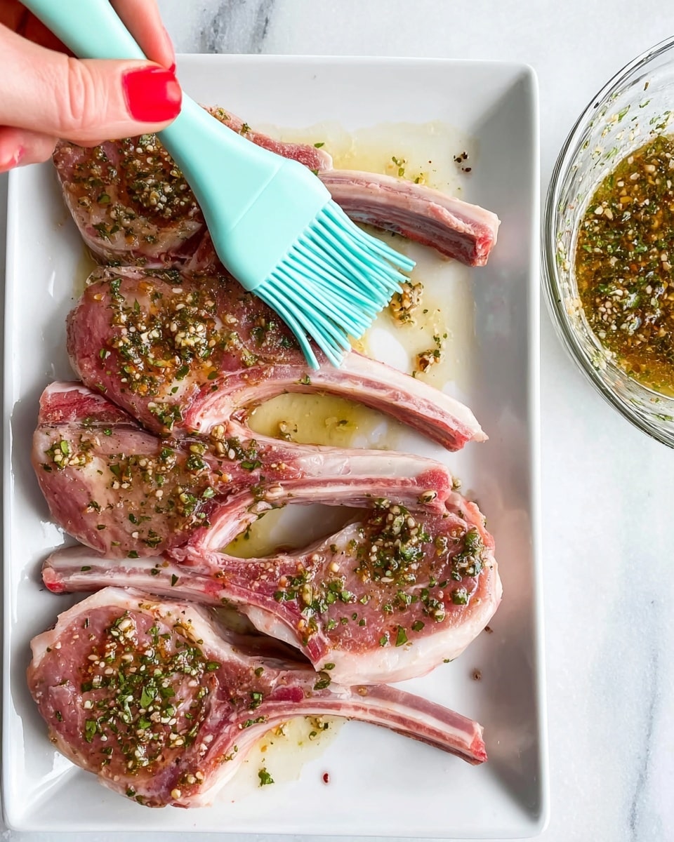 Four raw lamb chops with pale pink and white marbling lie side by side on a white square plate. Each chop is brushed with a shiny mix of herbs and oil that has small pieces of garlic and pepper sprinkled unevenly on the surface. A woman's hand with red nail polish holds a light blue silicone brush, gently spreading the mixture over the nearest chop. To the right, a clear glass bowl filled with the same herb and oil mixture is partially visible. All items rest on a white marbled surface. Photo taken with an iphone --ar 4:5 --v 7