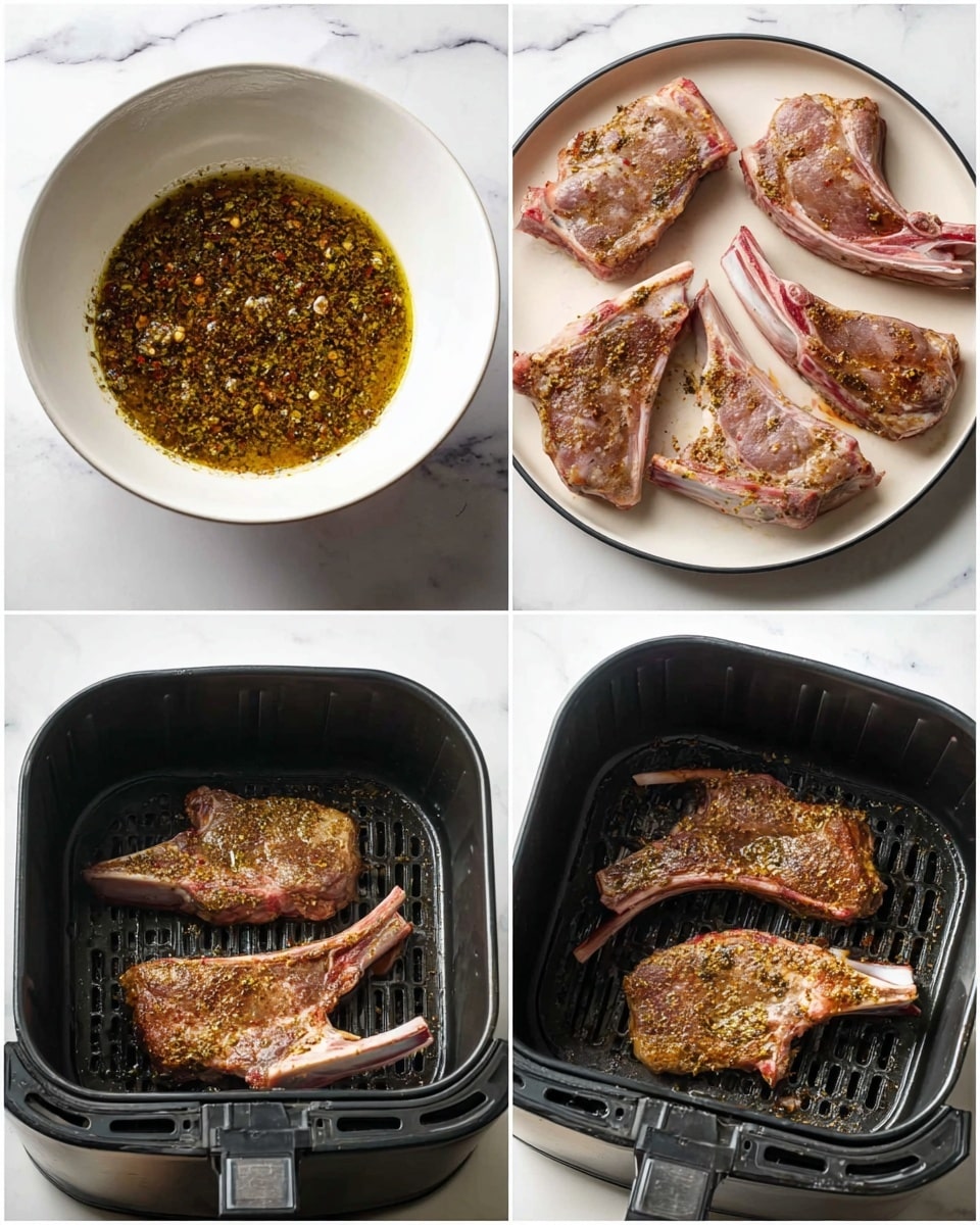 The image shows four stages of preparing lamb chops. The top left part presents a white bowl with a green and brown marinade made of herbs and spices, with an oily texture. The top right part displays four raw lamb chops laid out on a white plate, each chop covered with the same marinade, showing a mix of pink meat and white fat layers. The bottom left part shows the lamb chops placed inside a black air fryer basket on a white marbled surface, still raw but seasoned with the marinade. The bottom right part captures the cooked lamb chops in the same black air fryer basket, showing a browned and slightly charred surface with a browned crust holding the same specks of seasoning visible before cooking. Photo taken with an iphone --ar 4:5 --v 7