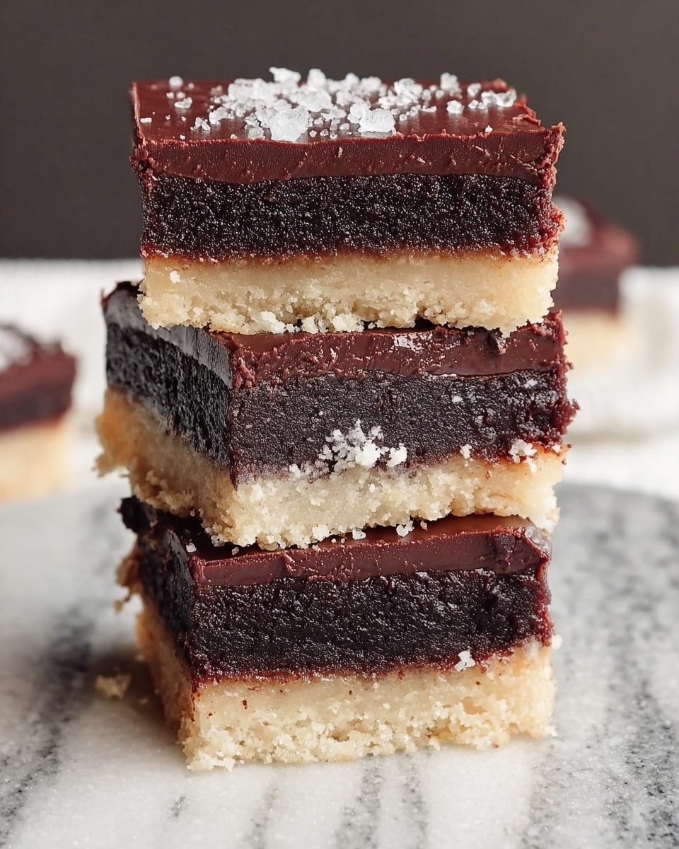 A stack of three layered dessert bars sits on a white marbled surface. Each bar has three clear layers: the bottom is a light, crumbly crust with a sandy texture, the middle is a thick, dark brown cake layer that looks moist and dense, and the top is a smooth, shiny chocolate layer sprinkled with coarse white salt crystals. The bars are neatly stacked one on top of the other, creating a tall and visually appealing tower. photo taken with an iphone --ar 4:5 --v 7