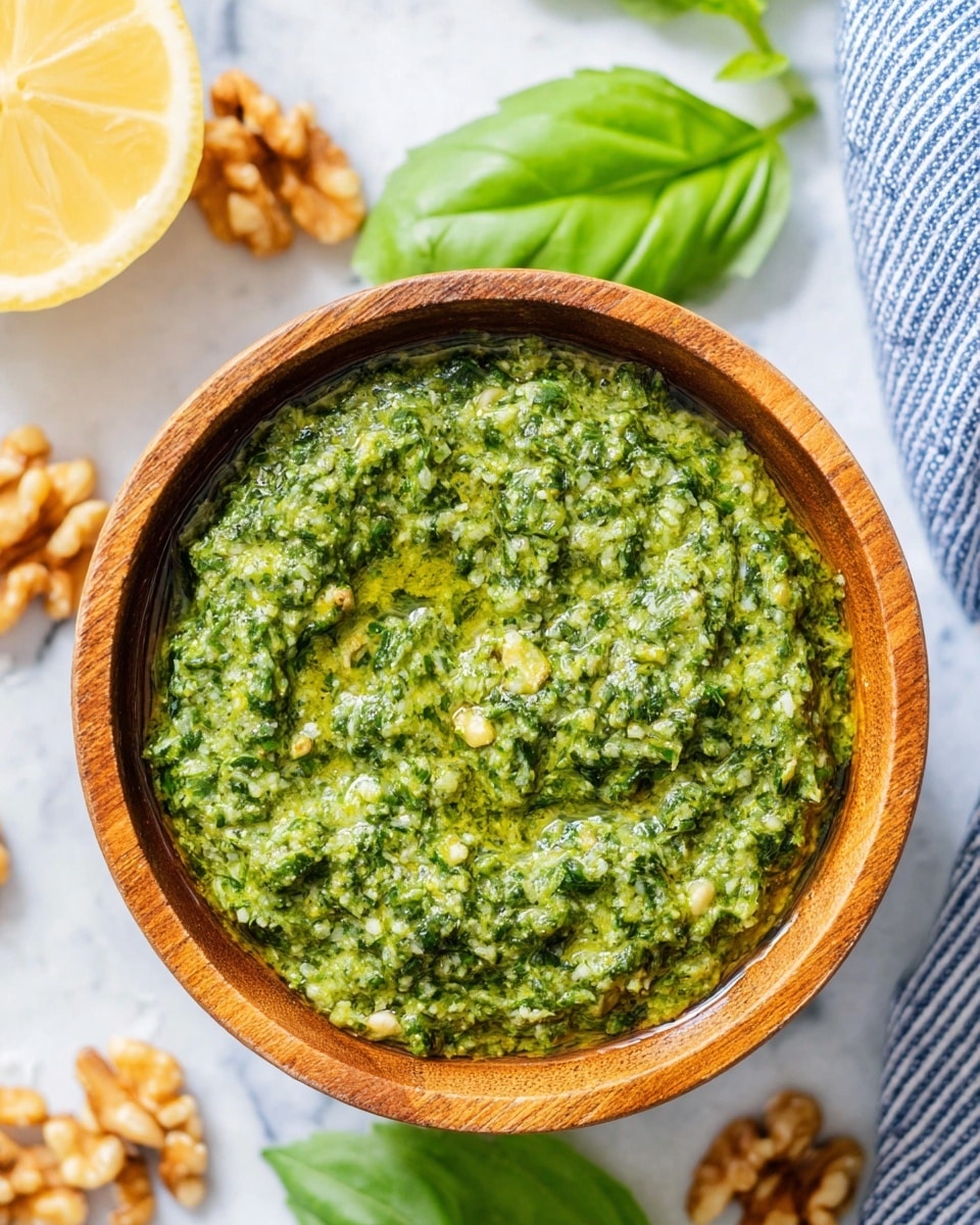 A wooden bowl filled with a thick, textured green sauce that looks fresh and slightly oily, showing bits of herbs and nuts mixed throughout; the bowl sits on a white marbled surface surrounded by half a lemon, walnut pieces, and bright green basil leaves, with part of a blue and white striped cloth in the top right corner; the colors are bright and natural, giving a fresh and homemade feel. photo taken with an iphone --ar 4:5 --v 7