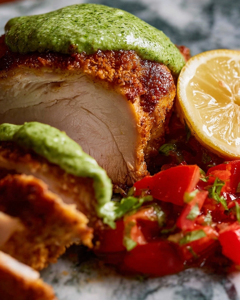 The image shows a close-up of a sliced piece of cooked chicken with a crispy, brown skin layer on top. On the top side of the chicken, there is a thick layer of green sauce that looks creamy and textured. To the right of the chicken, there is a light yellow lemon wedge with a slightly rough texture on the peel. At the bottom right of the image, there are fresh, bright red tomato pieces mixed with small green herbs. The dish is placed on a surface with a white marbled texture. photo taken with an iphone --ar 4:5 --v 7