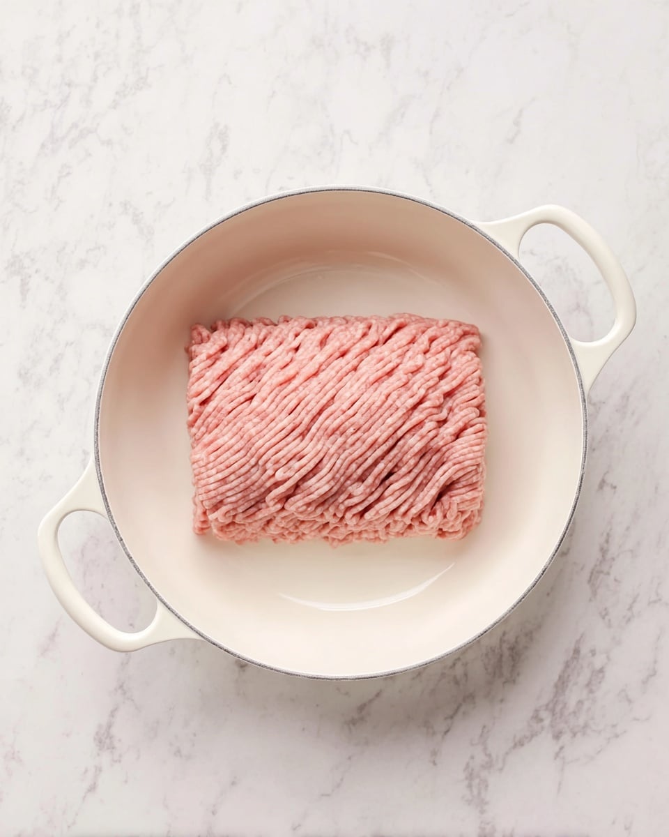 A white pan with two handles contains one layer of raw ground meat in the center. The meat is light pink with visible textured lines on the surface. The pan sits on a white marbled surface photo taken with an iphone --ar 4:5 --v 7
