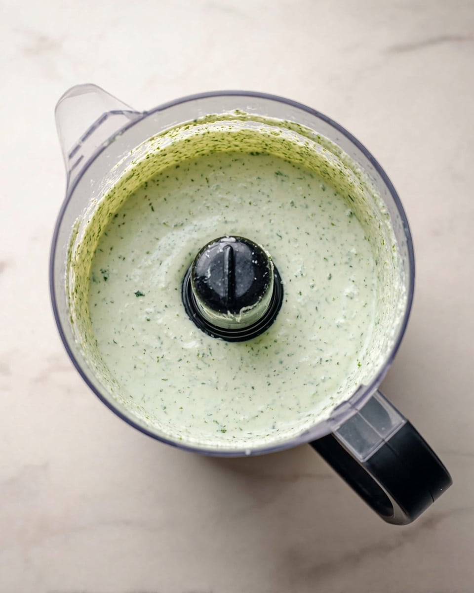 A clear food processor container filled with a pale green creamy sauce that has tiny green herb flecks spread evenly throughout. The central blade and black top piece are visible in the middle, coated with some sauce. The container has a black handle on the right and rests on a white marbled surface. The texture of the sauce looks smooth and slightly thick. photo taken with an iphone --ar 4:5 --v 7