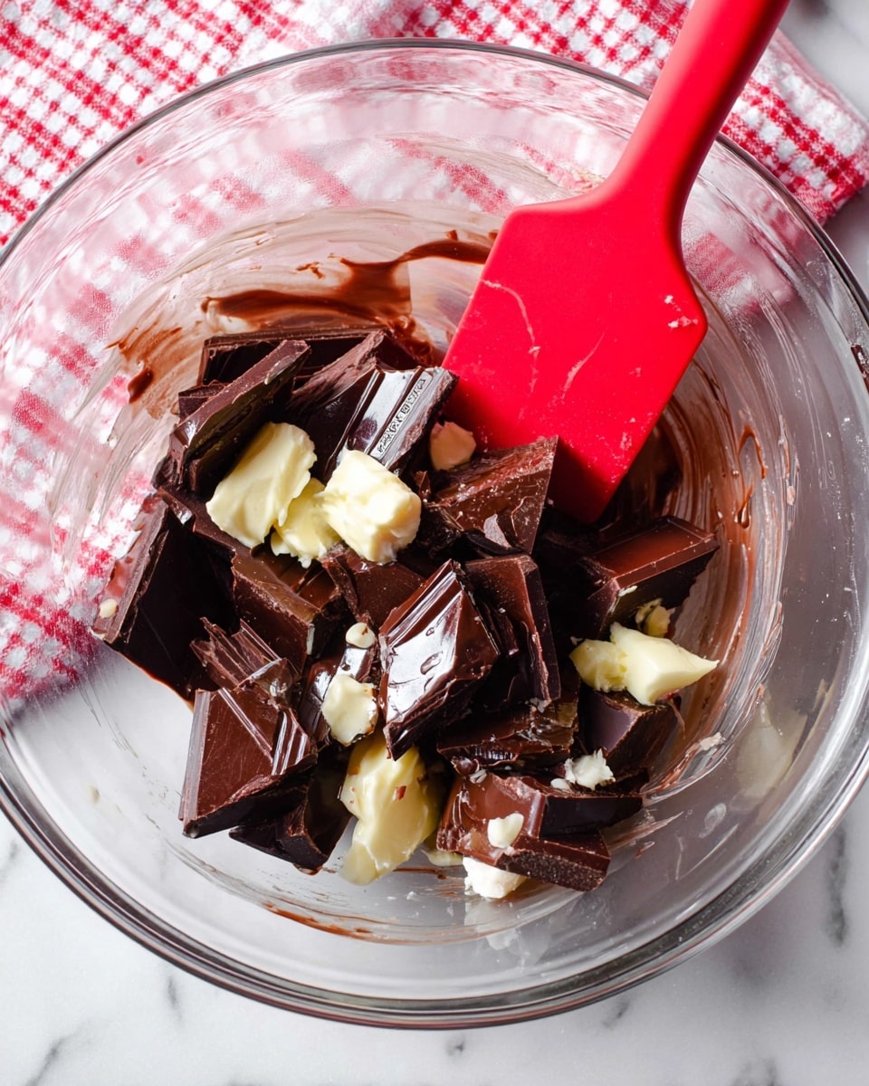 A clear glass bowl sits on a white marbled surface covered partially by a red and white checked cloth. Inside the bowl, there are thick chunks of dark brown chocolate, some pieces start melting with shiny and smooth texture. Small dollops of light cream-colored butter are scattered on top and around the chocolate pieces. A bright red silicone spatula is in the bowl, pressing lightly on the chocolate and butter mix. The spatula has a smooth texture and contrasts with the rich dark color of the chocolate. photo taken with an iphone --ar 4:5 --v 7