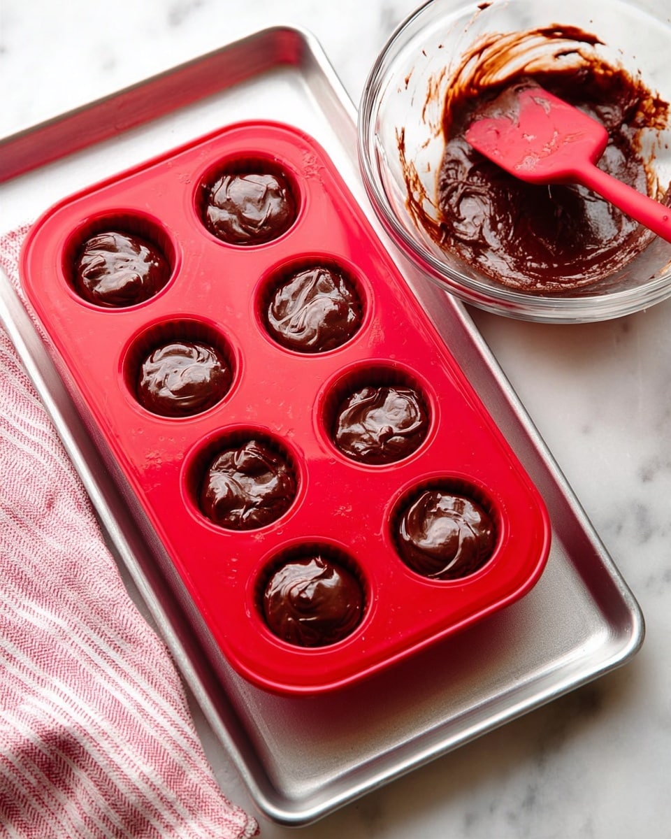 A red silicone muffin tray sitting on a silver metal baking sheet on a white marbled surface, filled halfway in six cups with dark, shiny chocolate batter that has a creamy, thick texture. Next to the tray, there is a clear glass bowl with some chocolate batter on its sides and a red silicone spatula resting inside it. A pink and white striped cloth napkin is partially visible near the bowl. The whole scene is bright with natural light, showing the rich color and smooth texture of the batter clearly photo taken with an iphone --ar 4:5 --v 7