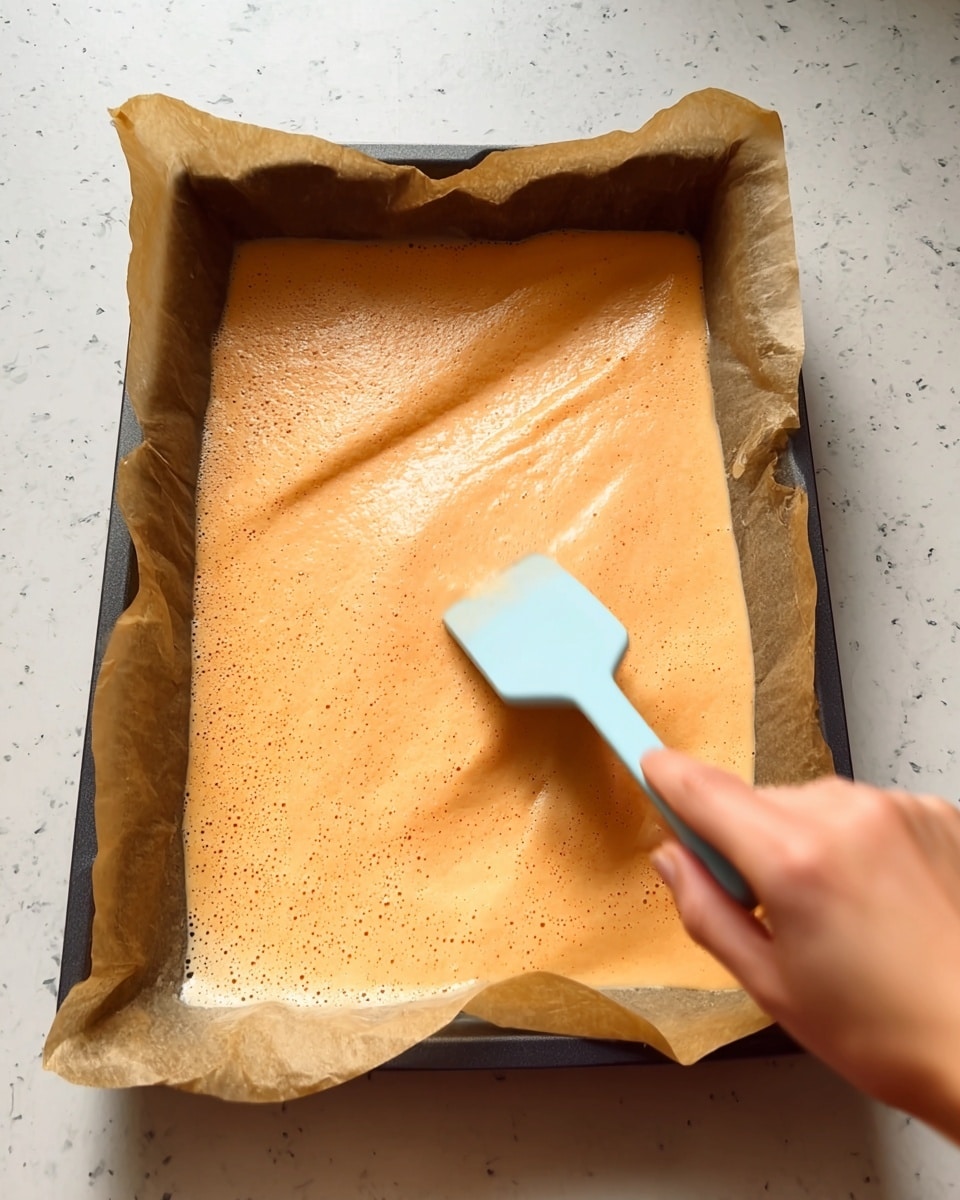 A close-up of a baking tray lined with crinkled brown parchment paper holding a single thick layer of light orange, frothy batter with tiny bubbles on the surface, being spread evenly with a light blue spatula held by a woman's hand moving across the batter, all set on a white marbled countertop. photo taken with an iphone --ar 4:5 --v 7
