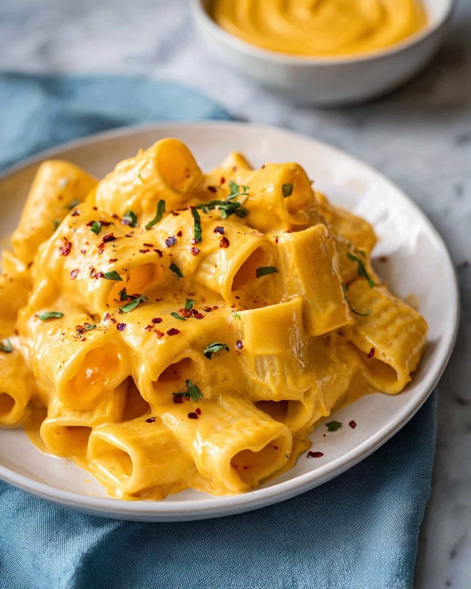 A white plate holds a pile of short tubular pasta covered in a thick, smooth, bright yellow-orange cheese sauce. The sauce fully coats each piece, creating a glossy texture. Small green herb leaves are scattered on top, along with tiny red and black specks of seasoning. The plate sits on a soft blue cloth on a white marbled surface, with a bowl of the same cheese sauce visible in the background. Photo taken with an iphone --ar 4:5 --v 7
