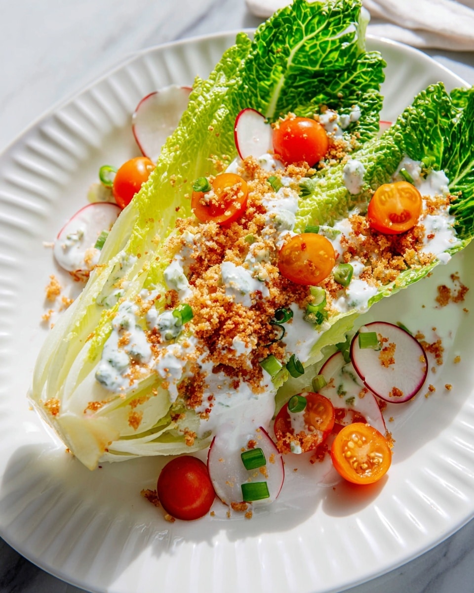 A fresh wedge salad is shown on a white fluted plate with a white marbled surface underneath. The salad has one large quarter wedge of bright green romaine lettuce on the left side, with the base of the wedge a pale yellow green color. Over the lettuce, there is a drizzle of creamy white dressing that spreads slightly onto the plate. Scattered on and around the lettuce are halved small orange cherry tomatoes, thin round slices of white radish with red edges, and chopped green onions. A light sprinkling of golden brown breadcrumbs or seasoning covers the top of the salad layers, adding texture. The overall look is fresh and colorful with a mix of greens, whites, reds, and oranges, lit softly and clearly. photo taken with an iphone --ar 4:5 --v 7