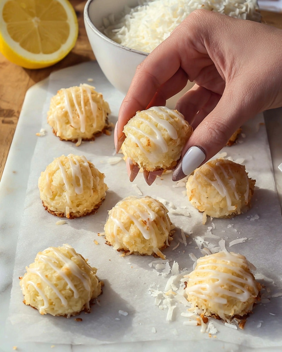 A close-up view of small round baked treats arranged on a white marble surface covered with parchment paper, each treat having a crumbly light golden texture with small white drizzle lines on top. One treat is held near the top center by a woman's hand with long nails, showing a shiny white glaze thickly covering its surface. Behind the treats, there is a white bowl filled with shredded white coconut and half a lemon placed next to it. The natural light highlights the texture and shine of the treats, creating soft shadows. Photo taken with an iphone --ar 4:5 --v 7
