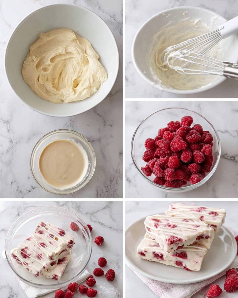 A white bowl with two layers of a pale creamy mixture and a white whipped topping sitting on one side is shown in the first image. The second image has the same bowl now with a white whisk mixing a smooth, glossy, creamy white batter. The third image shows fresh red raspberries added to this creamy white mixture inside the white bowl. The fourth image shows a mound of the thick creamy mixture spotted with red raspberry pieces spread on white parchment paper. The fifth image shows a clear glass bowl with a light beige mixture being stirred by a spoon. The last image shows two rectangular pieces of creamy white frozen dessert with red raspberries inside and thin white drizzle on top, placed on a white plate on a cloth with additional raspberries around. The background and surface have a white marbled texture photo taken with an iphone --ar 4:5 --v 7